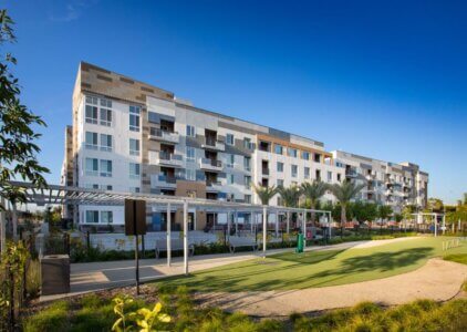 Pet Friendly Apartments in Anaheim CA - Rise Property Exterior with White Walls Stone Details, Palm Trees, Grassy Lawns, and Concrete Pathway